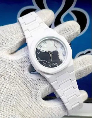 Men's Carbon Fiber White Marble Arabic Aura Watch